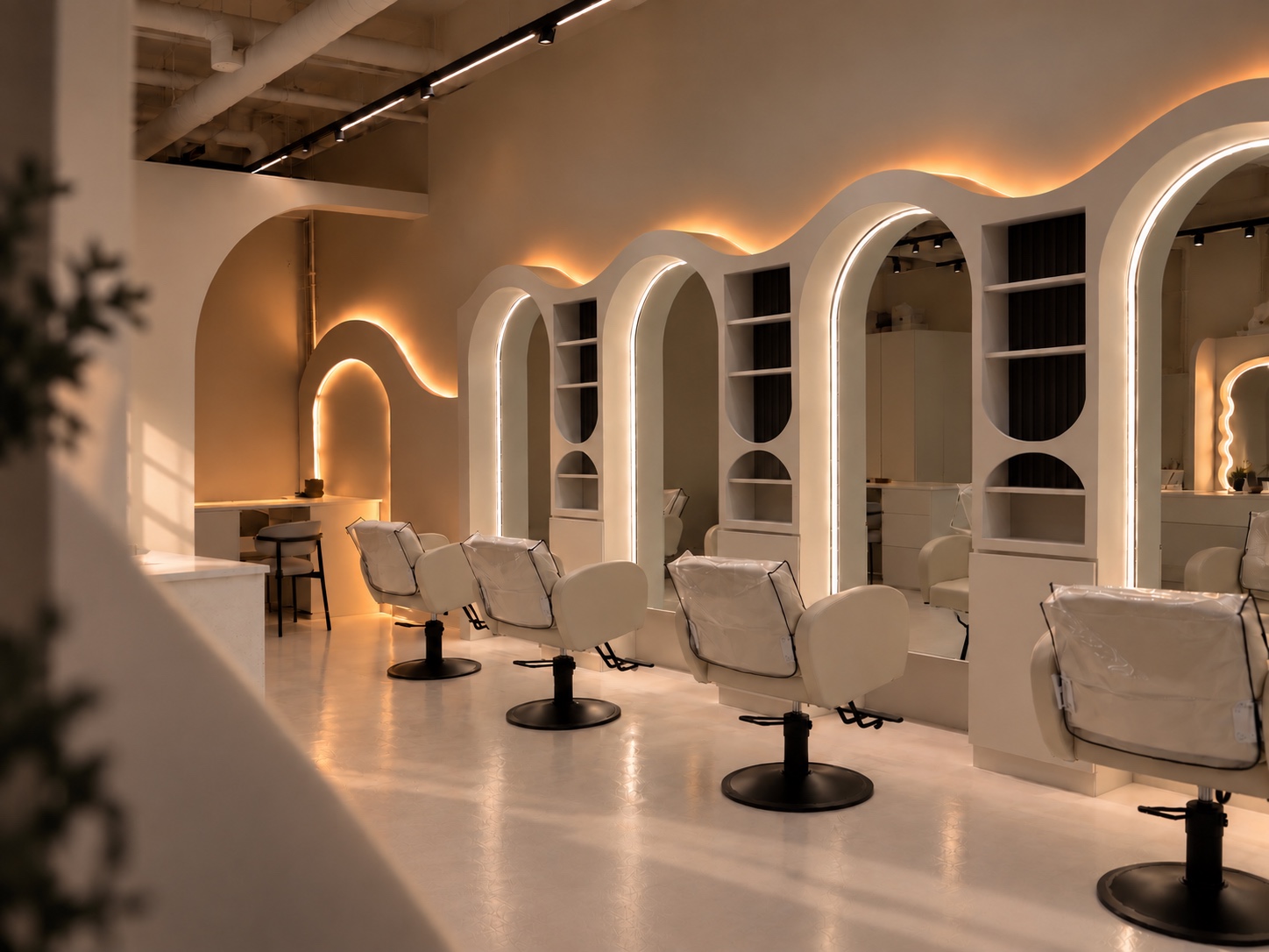 Arched mirror stations at ARC Hair Studio